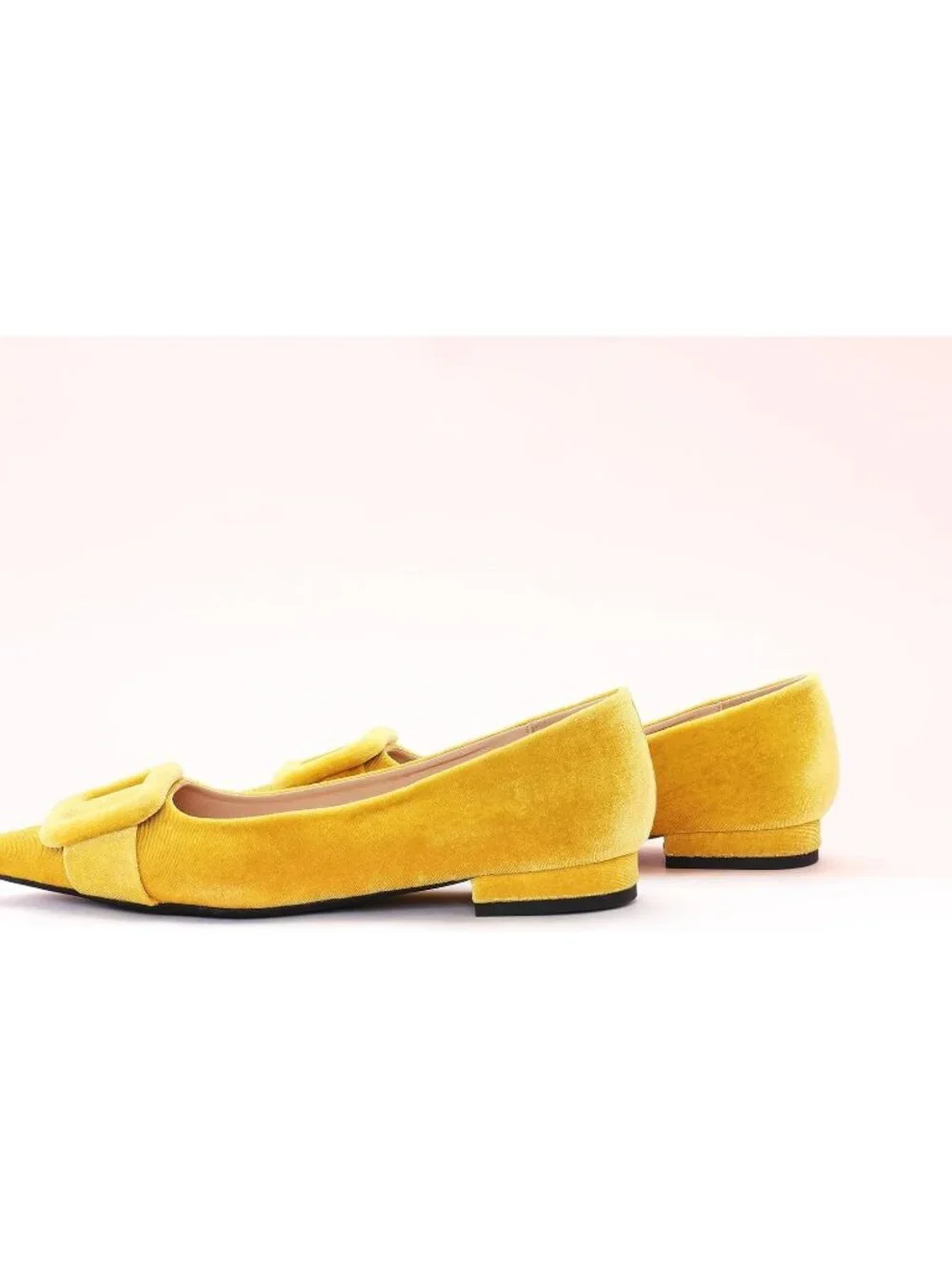 Women's Velvet Yellow Pointed Toe Square Buckle Flats Slip-On Comfortable Shoes